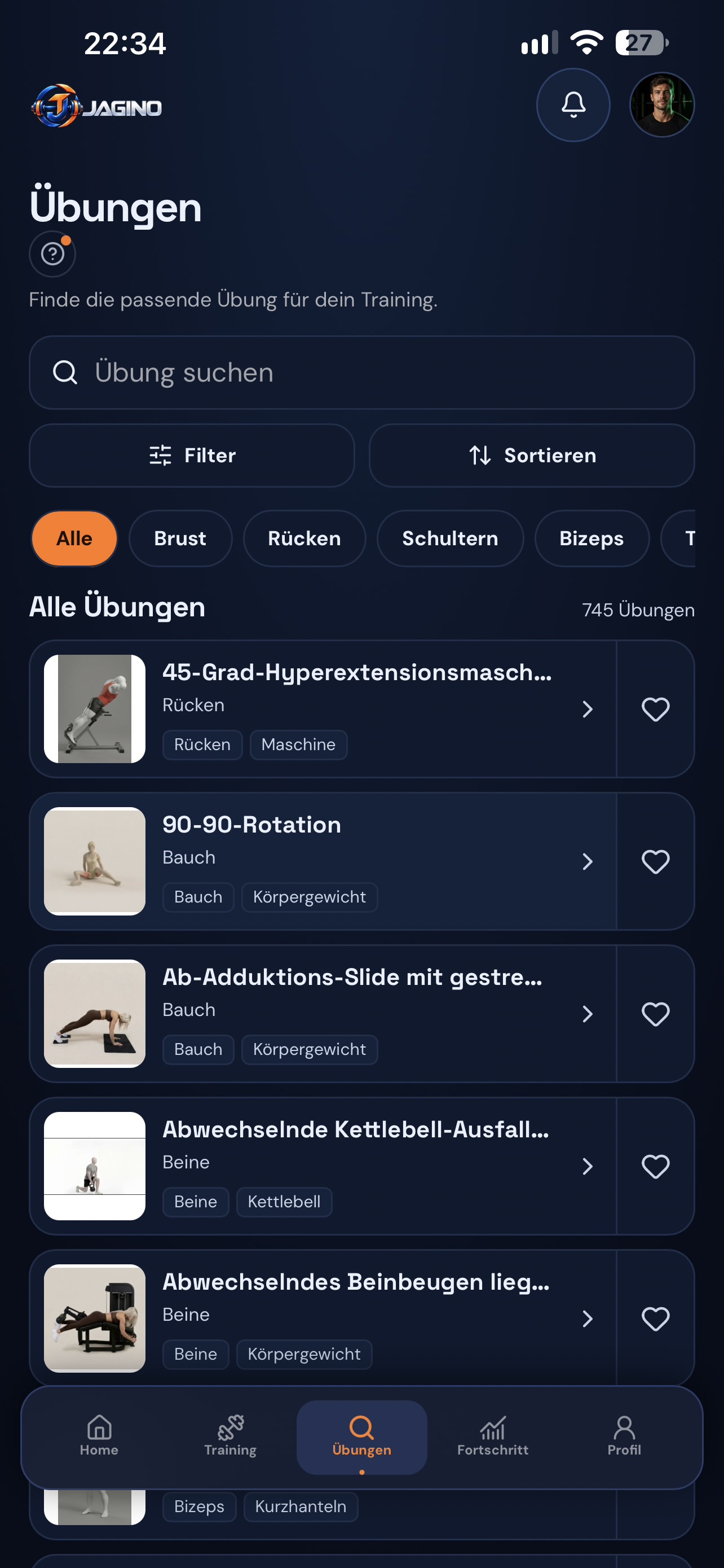 Übungsbibliothek in JAGINO, deutsche Oberfläche
