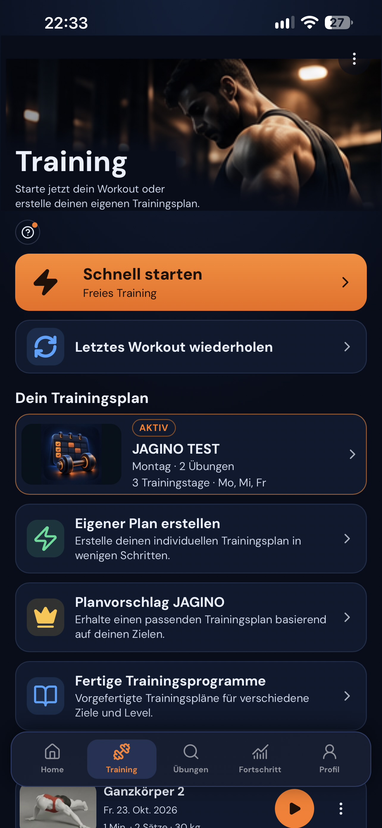 Trainingsplanung in JAGINO, deutsche Oberfläche